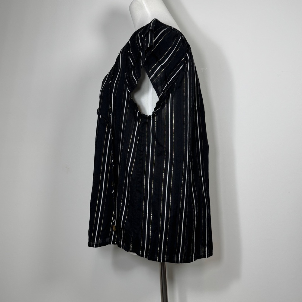 Ann Taylor Women’s Black White Gold Metallic Stripe Flutter Sleeve Tie Neck Top‎ - Picture 5 of 10